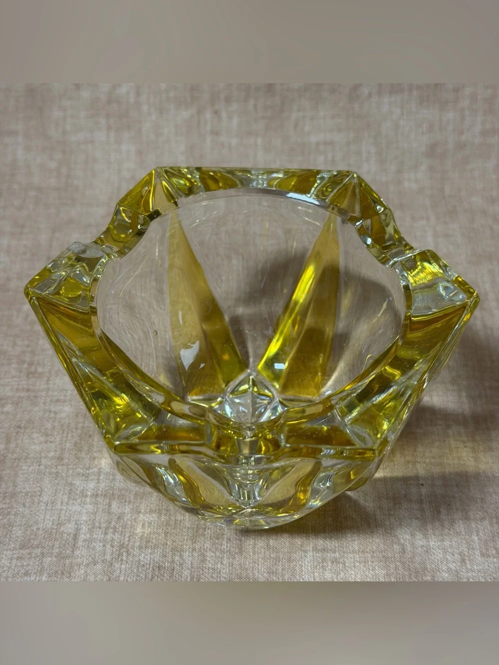 Heavy Cut Crystal Glass Ashtray Yellow Star Shape MCM Retro Vtg 60s Home Decor